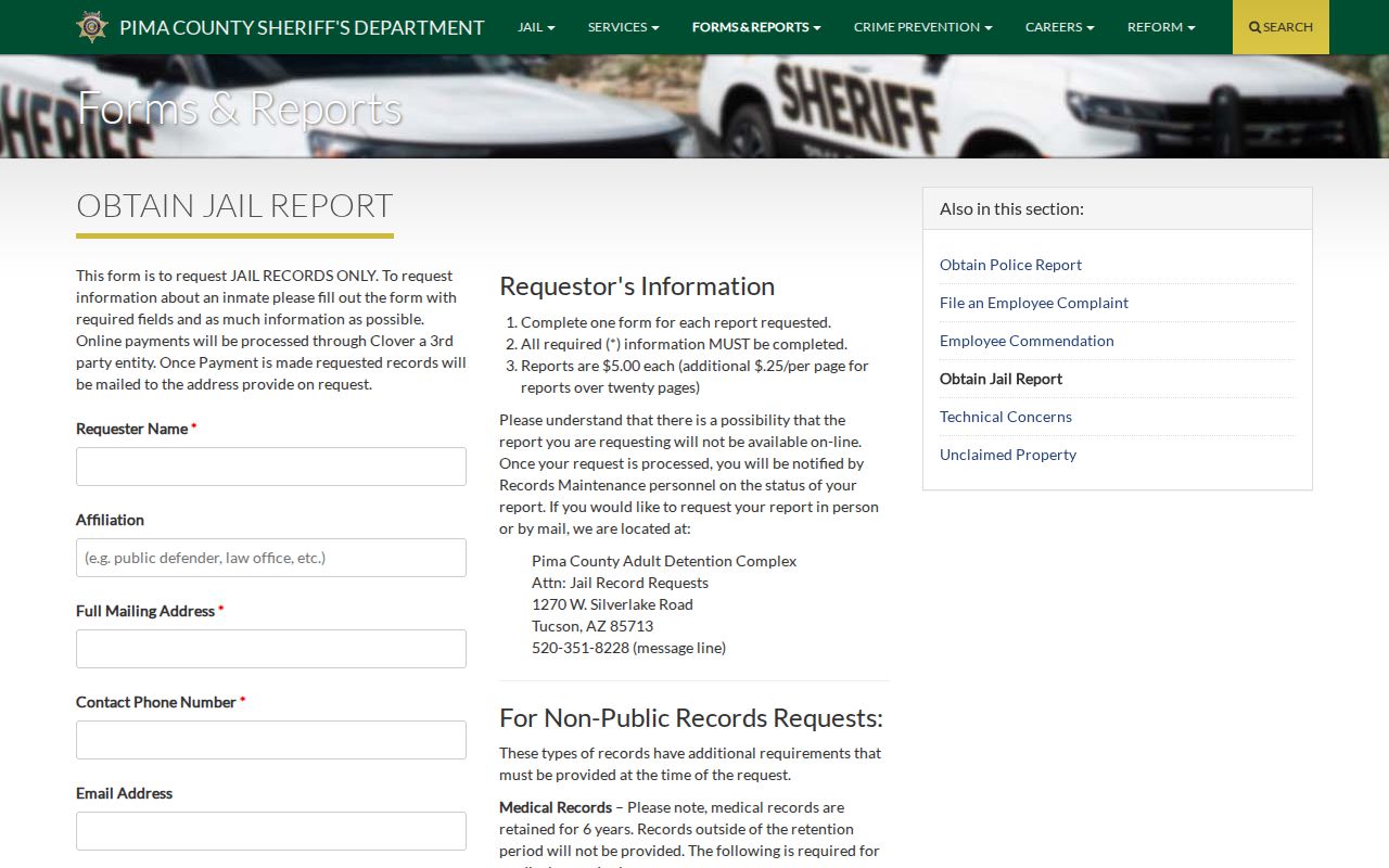 Pima County arrest booking jail report request