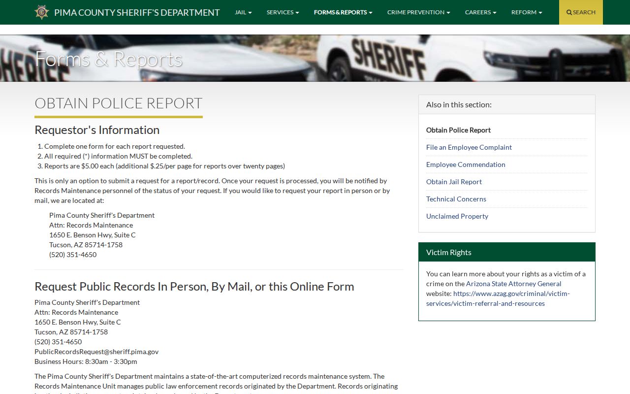 Pima County sheriff arrest and incident report request