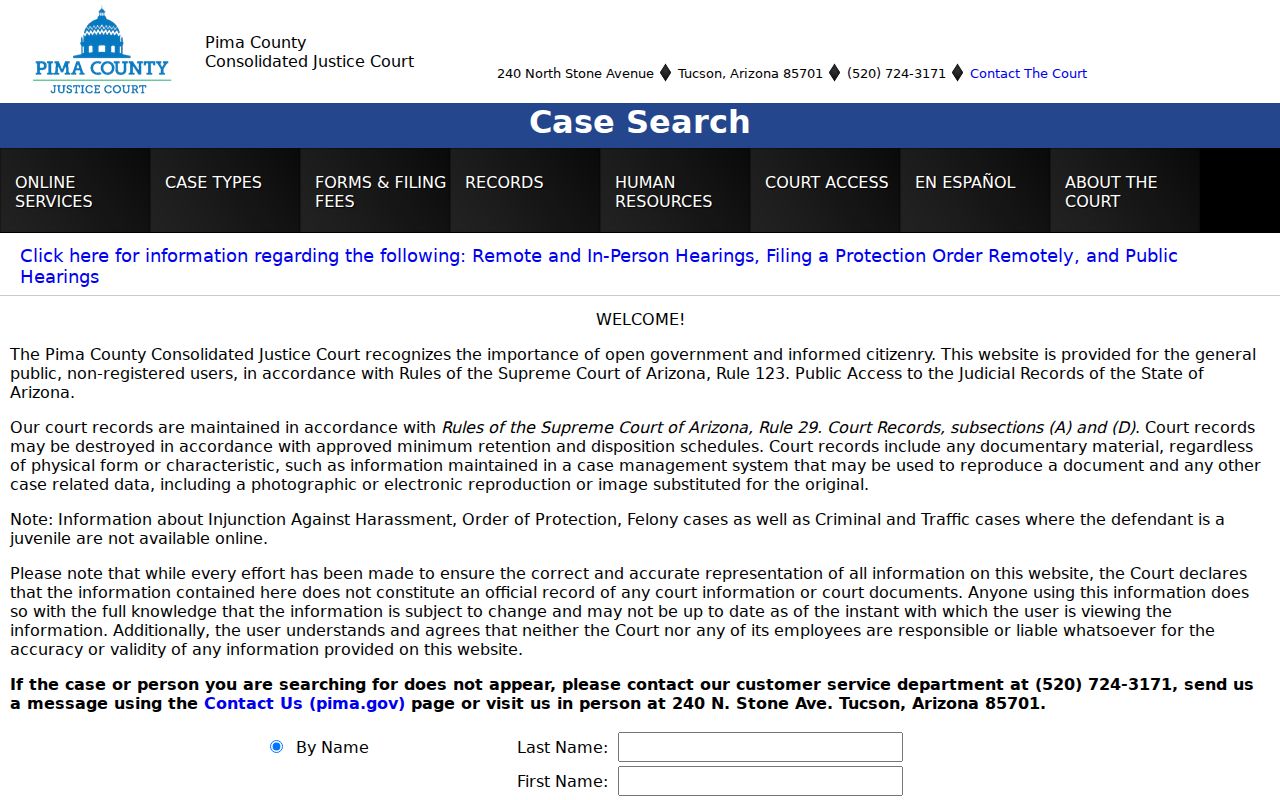 Pima County criminal court case search fields