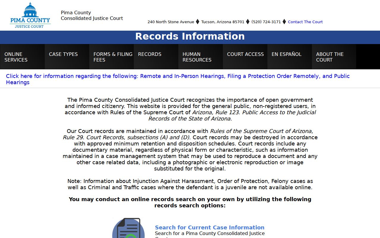 Pima County Justice Court criminal record request page