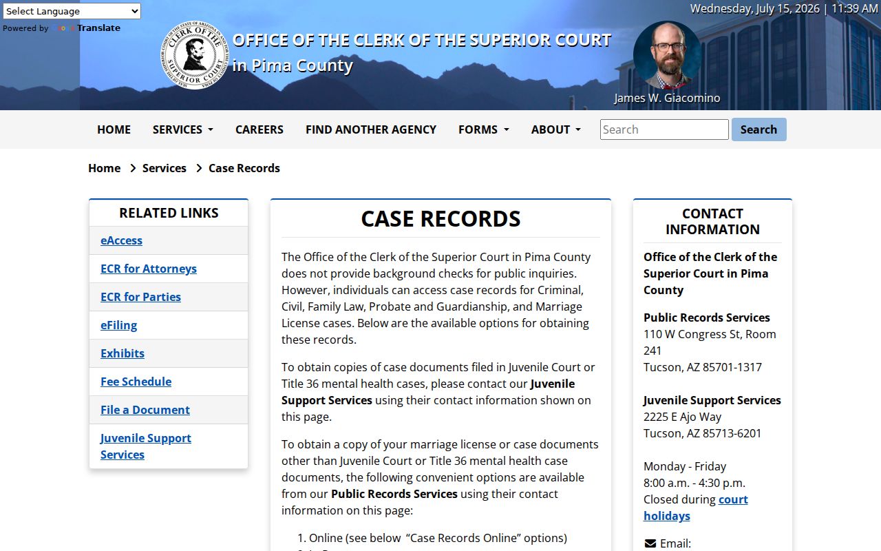 Pima County criminal court case records page