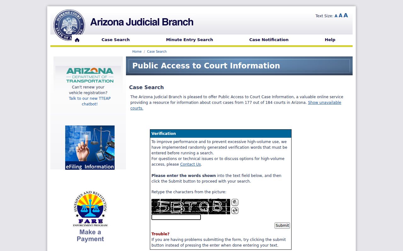 Arizona public access lookup for Pima County criminal cases