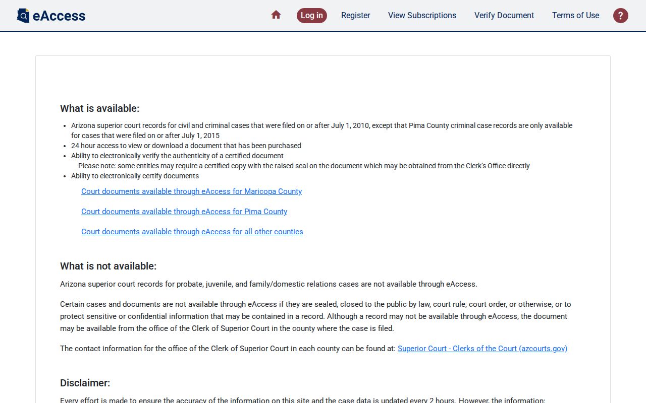 Arizona eAccess for Pima County criminal court documents