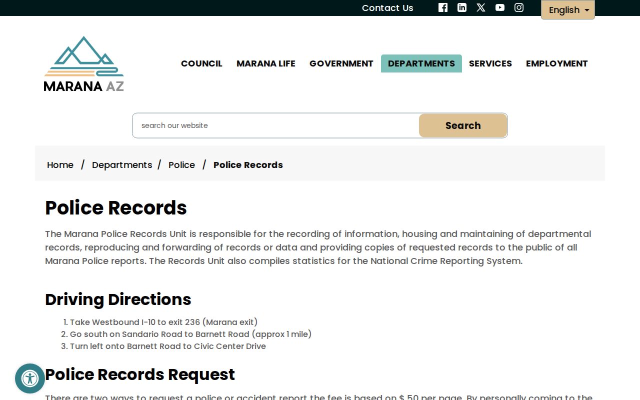 Marana Police Records Unit official webpage