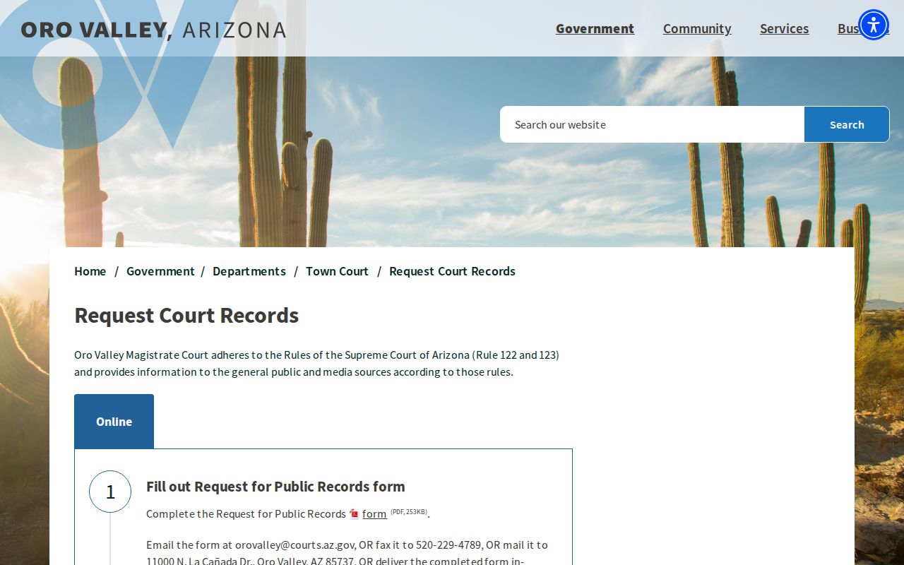 Oro Valley Magistrate Court records request page