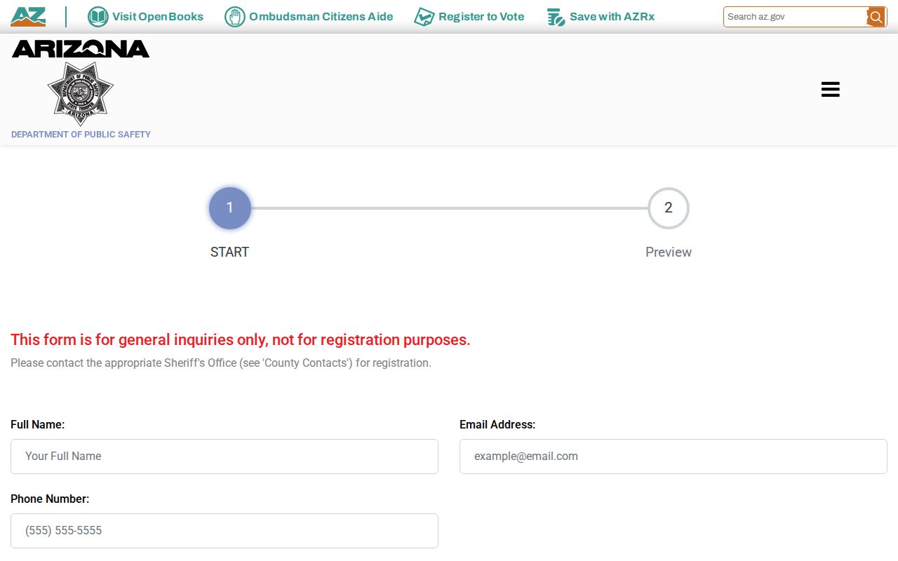 Pima County sex offender registry inquiry form from Arizona DPS