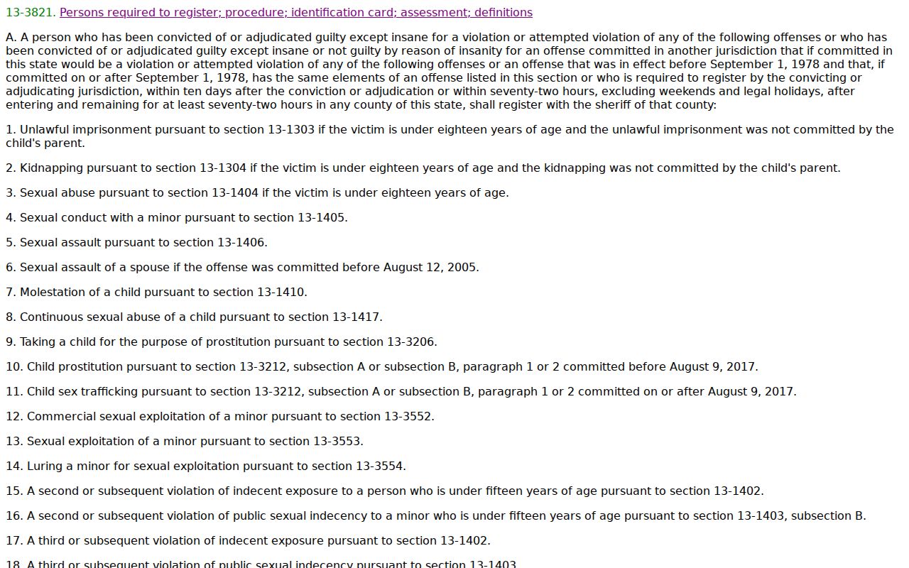 Pima County offender registration requirements under Arizona statute 13-3821