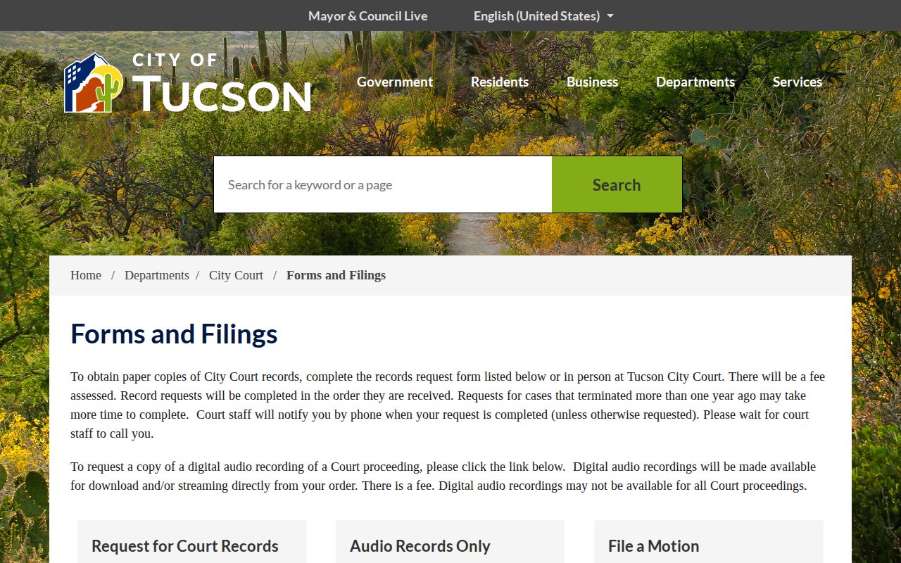 Tucson City Court forms and filings page